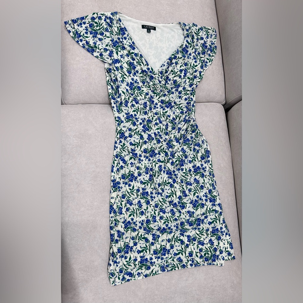 Ralph Lauren Blue and White Sheath Dress with Flutter Cap Sleeves